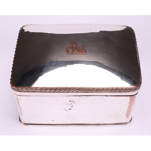 547 - A George IV Old Sheffield rounded rectangular tea caddy, hinged cover with gadrooned border, 16cm wi... 