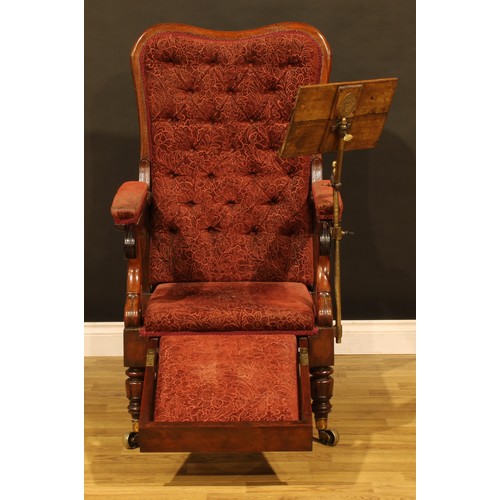 1874 - A William IV mahogany reclining library chair, stuffed-over upholstery, the arm applied with The Pat... 