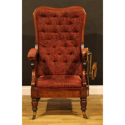 1874 - A William IV mahogany reclining library chair, stuffed-over upholstery, the arm applied with The Pat... 