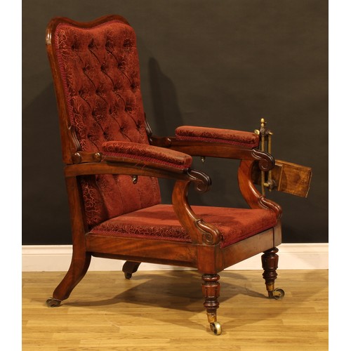 1874 - A William IV mahogany reclining library chair, stuffed-over upholstery, the arm applied with The Pat... 