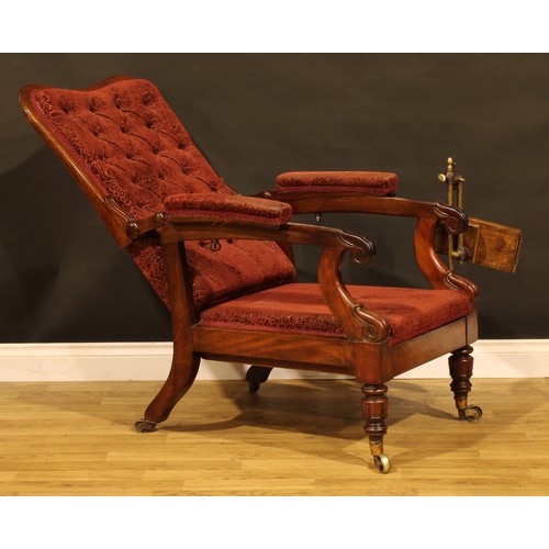 1874 - A William IV mahogany reclining library chair, stuffed-over upholstery, the arm applied with The Pat... 