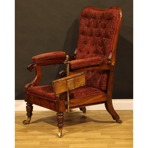 1874 - A William IV mahogany reclining library chair, stuffed-over upholstery, the arm applied with The Pat... 