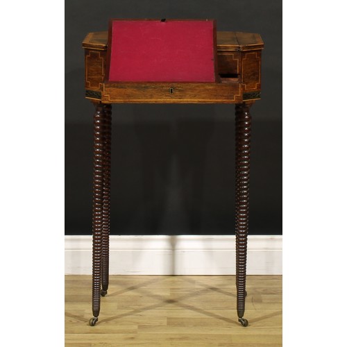 1428 - A Regency rosewood combination work and games table, canted rectangular top with removable sliding p... 