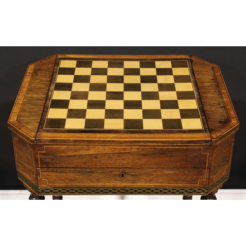 1428 - A Regency rosewood combination work and games table, canted rectangular top with removable sliding p... 