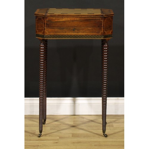 1428 - A Regency rosewood combination work and games table, canted rectangular top with removable sliding p... 