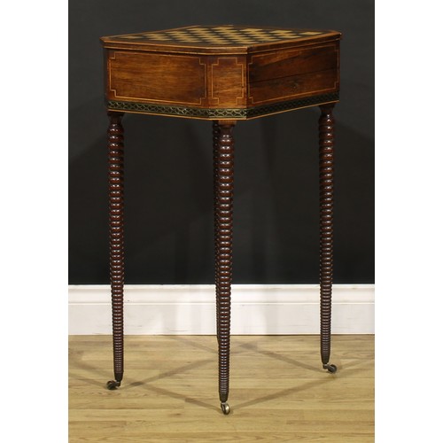 1428 - A Regency rosewood combination work and games table, canted rectangular top with removable sliding p... 