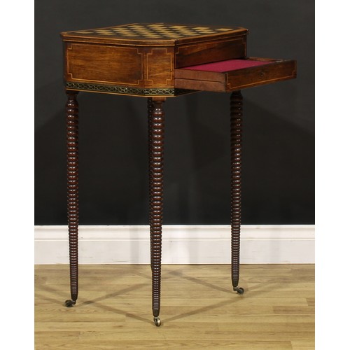 1428 - A Regency rosewood combination work and games table, canted rectangular top with removable sliding p... 