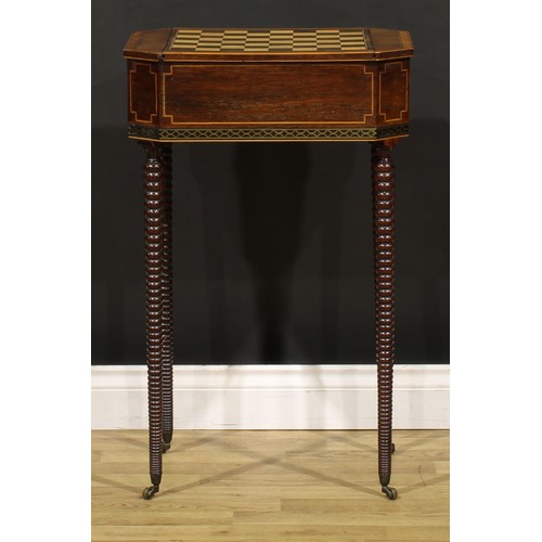 1428 - A Regency rosewood combination work and games table, canted rectangular top with removable sliding p... 