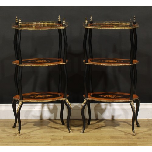 1276 - A pair of late 19th century French gilt metal mounted ebonised, kingwood and marquetry three-tier ét... 