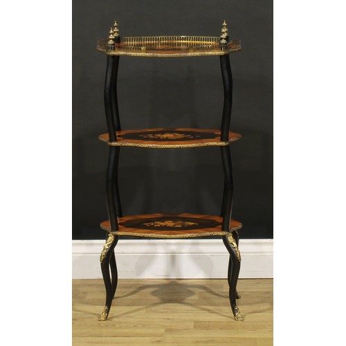 1276 - A pair of late 19th century French gilt metal mounted ebonised, kingwood and marquetry three-tier ét... 