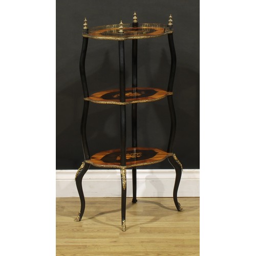 1276 - A pair of late 19th century French gilt metal mounted ebonised, kingwood and marquetry three-tier ét... 