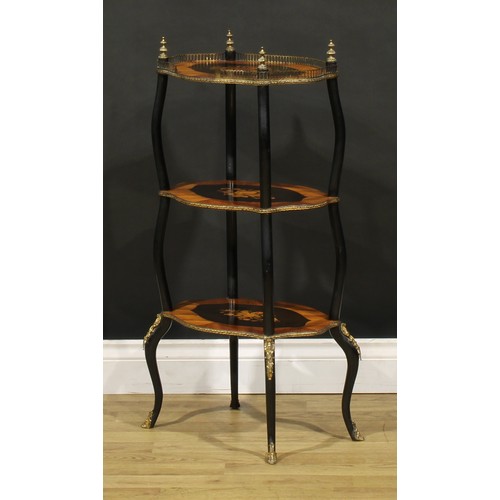 1276 - A pair of late 19th century French gilt metal mounted ebonised, kingwood and marquetry three-tier ét... 