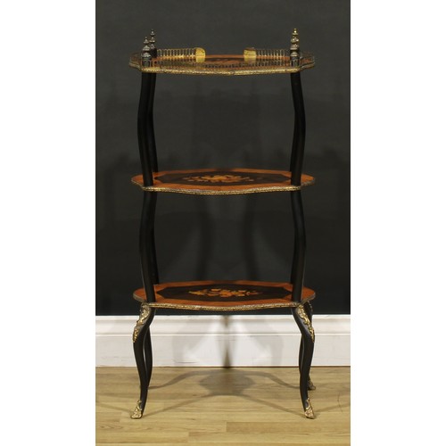 1276 - A pair of late 19th century French gilt metal mounted ebonised, kingwood and marquetry three-tier ét... 