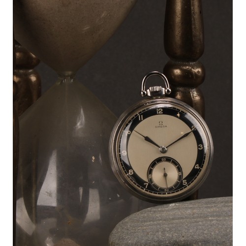 924 - An Omega Art Deco stainless steel pocket watch, 4cm matt silvered dial with black chapter rings, Ara... 