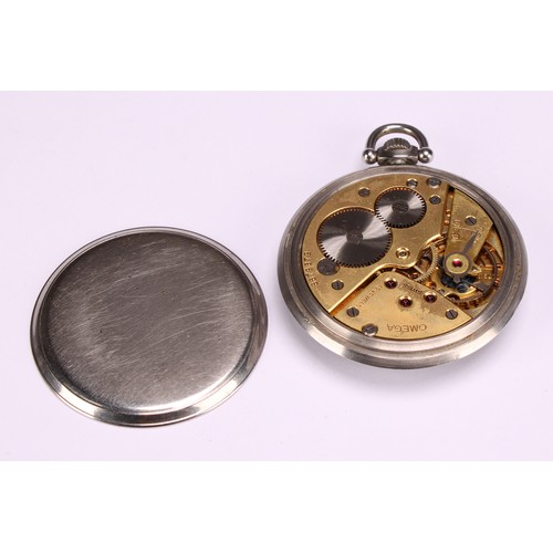 924 - An Omega Art Deco stainless steel pocket watch, 4cm matt silvered dial with black chapter rings, Ara... 