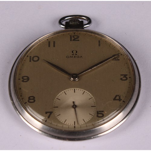 925 - An Omega Art Deco stainless steel pocket watch, 4cm matt silvered dial, Arabic numerals, seconds sub... 