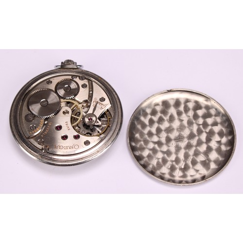 925 - An Omega Art Deco stainless steel pocket watch, 4cm matt silvered dial, Arabic numerals, seconds sub... 