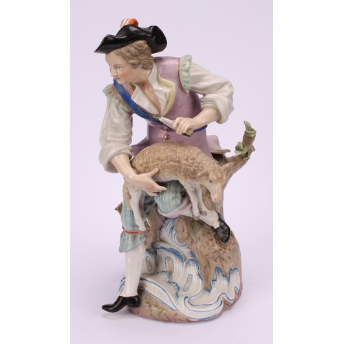 142 - A pair of 19th century porcelain figures, of a shepherd and shepherdess, decorated in polychrome, bo... 