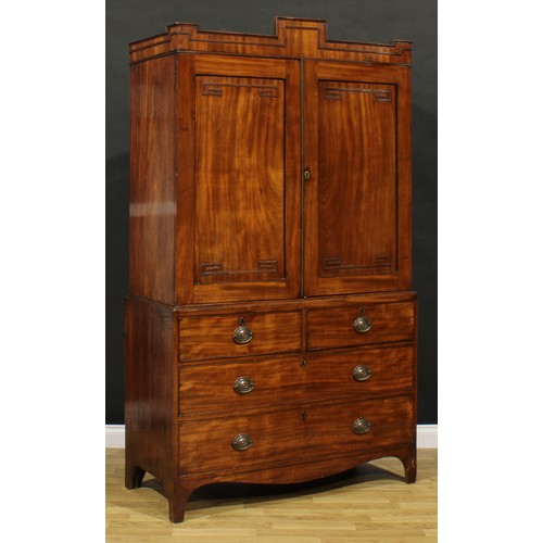 1327 - A George IV mahogany linen press, podium-shaped cornice above a pair of panel doors enclosing a shel... 