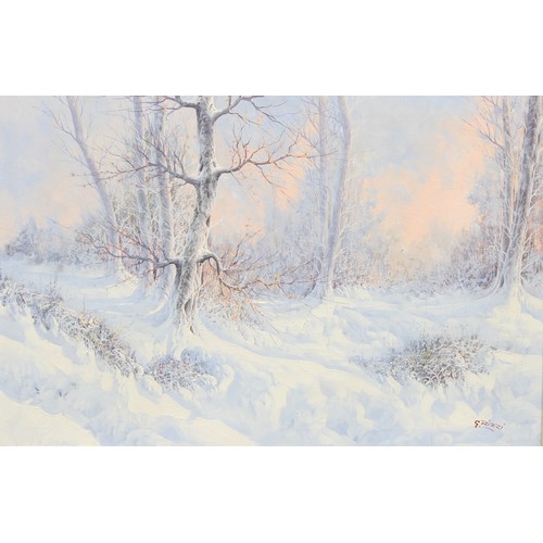 444 - G Rizzi 
Winter Woodland
signed, dated '78 to verso with auction label, oil on canvas, 59cm x 91cm

... 