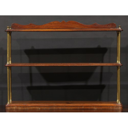 1432 - A set of 19th century walnut collector’s wall shelves, shaped cresting, brass pillar supports, 62.5c... 