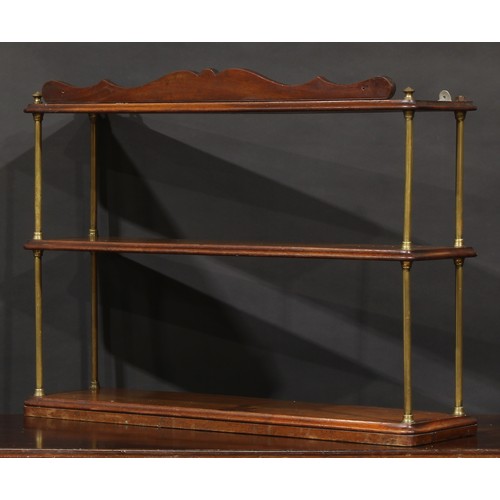 1432 - A set of 19th century walnut collector’s wall shelves, shaped cresting, brass pillar supports, 62.5c... 