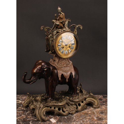 1557 - A late 19th century Rococo Revival bronze elephant clock, 11.5cm circular dial applied with enamel c... 