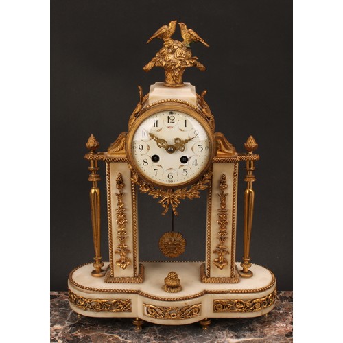 1220 - A French gilt metal and marble portico clock garniture, 10cm convex enamel dial painted with floral ... 