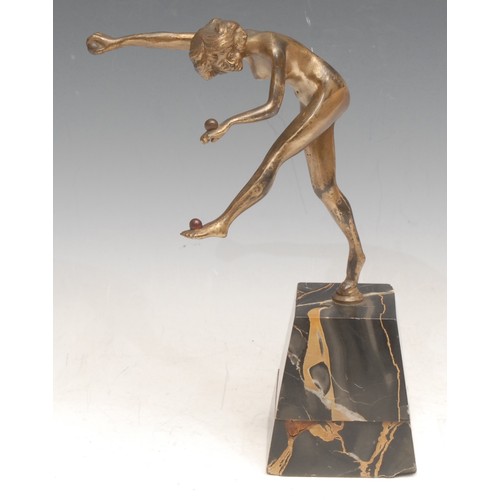 1903 - After Claire Colinet (1885-1972), an Art Deco bronze , The Juggler, mounted on a two-tier marble bas... 