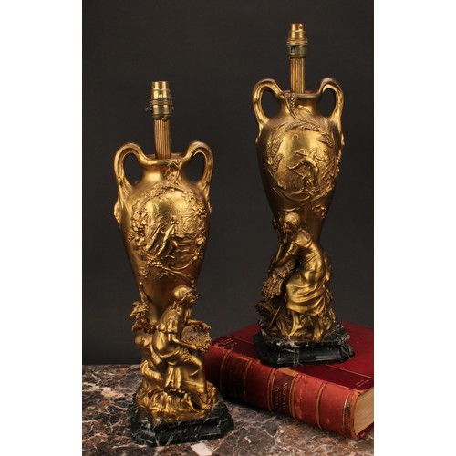 1295 - A pair of French gilt spelter figural table lamps, Allegory of Harvest, after Francois Moreau, model... 