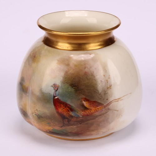 68 - A Royal Worcester lobed ovoid vase, painted by Jas. Stinton, signed, with a brace of pheasants, 7.5c... 