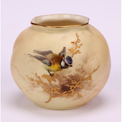 75 - A Royal Worcester wrythen moulded globular vase, painted with a blue tit on a raised gilt branch, 7c... 