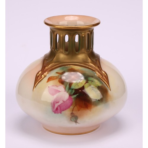 67 - A Royal Worcester globular vase, with pierced neck painted with roses, in relief with tendrils, 10.5... 