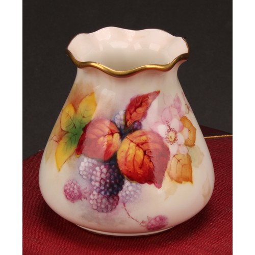 70 - A Royal Worcester ovoid vase, pie crust rim, painted by Kitty Blake, signed, with ripe blackberries ... 