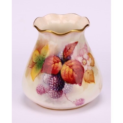 70 - A Royal Worcester ovoid vase, pie crust rim, painted by Kitty Blake, signed, with ripe blackberries ... 