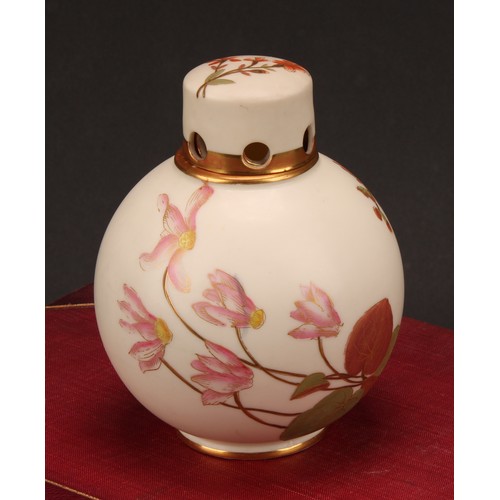 66 - A Royal Worcester globular pot pourri vase and cap cover, painted with flowers on an ivory ground, p... 