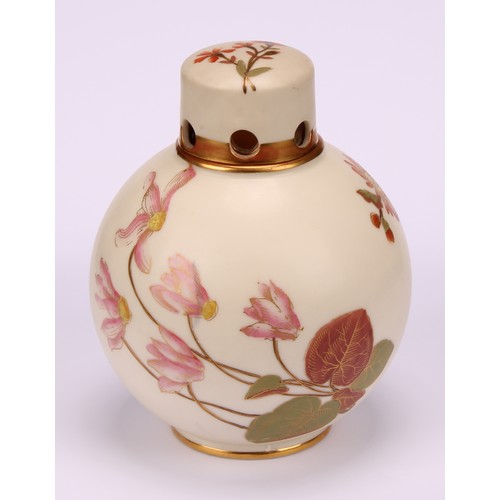 66 - A Royal Worcester globular pot pourri vase and cap cover, painted with flowers on an ivory ground, p... 