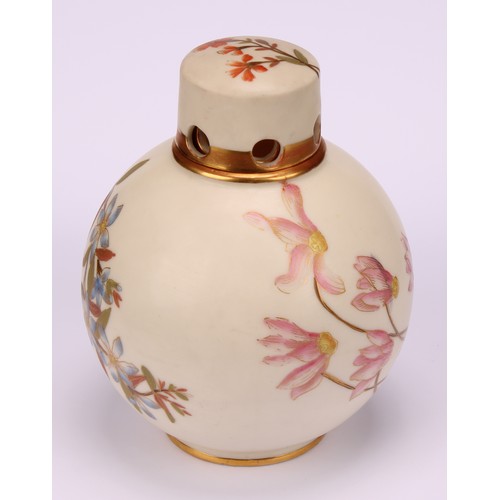 66 - A Royal Worcester globular pot pourri vase and cap cover, painted with flowers on an ivory ground, p... 