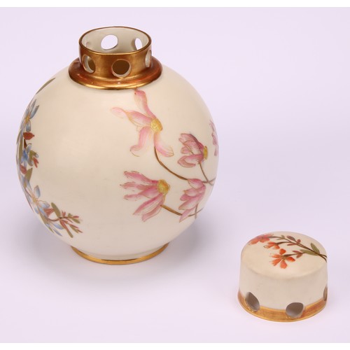 66 - A Royal Worcester globular pot pourri vase and cap cover, painted with flowers on an ivory ground, p... 