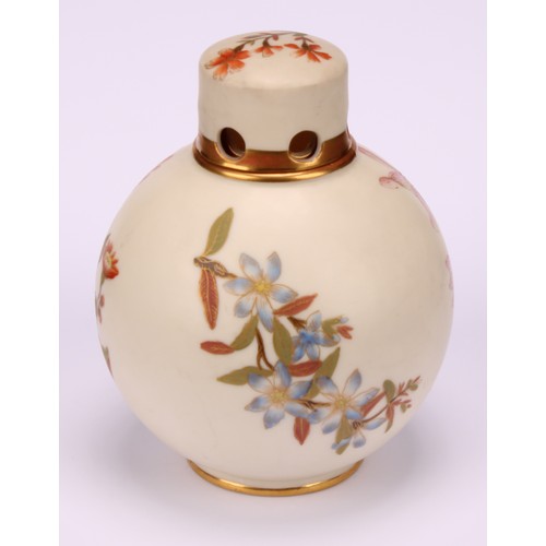 66 - A Royal Worcester globular pot pourri vase and cap cover, painted with flowers on an ivory ground, p... 