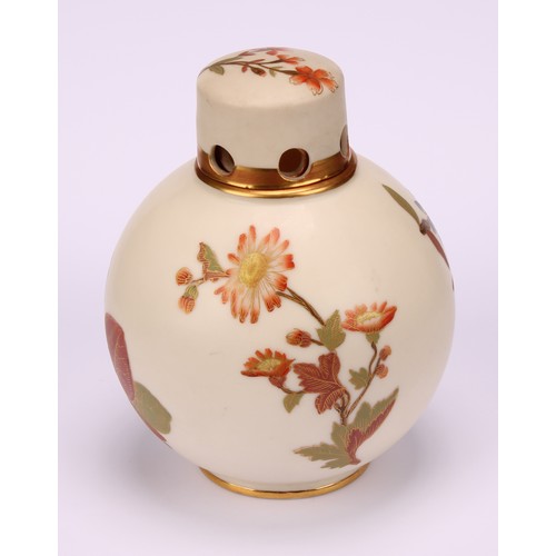 66 - A Royal Worcester globular pot pourri vase and cap cover, painted with flowers on an ivory ground, p... 