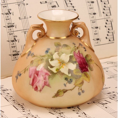 73 - A Royal Worcester two-handled ovoid vase, printed and painted with summer flowers on a blush ivory g... 