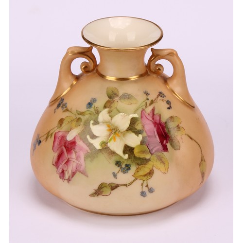 73 - A Royal Worcester two-handled ovoid vase, printed and painted with summer flowers on a blush ivory g... 