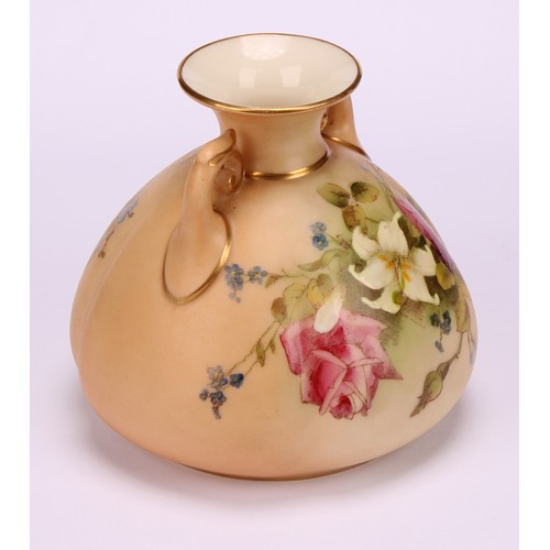 73 - A Royal Worcester two-handled ovoid vase, printed and painted with summer flowers on a blush ivory g... 