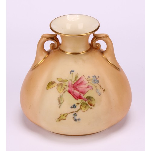 73 - A Royal Worcester two-handled ovoid vase, printed and painted with summer flowers on a blush ivory g... 