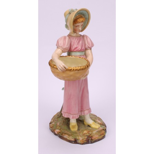 55 - A pair of Royal Worcester figural spill vases, modelled as a boy and girl, each carrying a basket, s... 