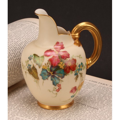 65 - A Royal Worcester flat back jug, decorated with vibrant flowers picked out in gilt on ivory ground, ... 