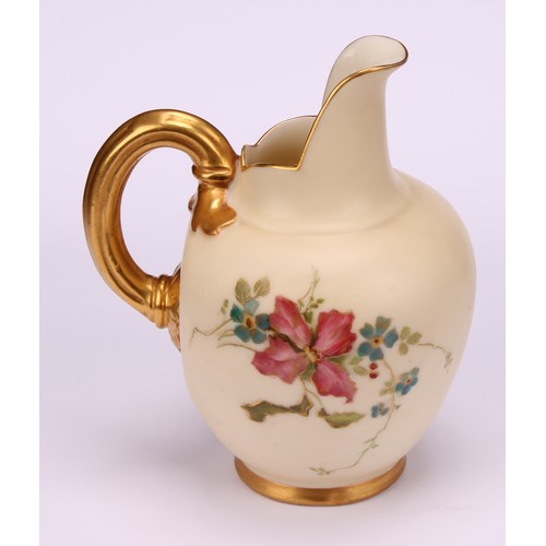 65 - A Royal Worcester flat back jug, decorated with vibrant flowers picked out in gilt on ivory ground, ... 