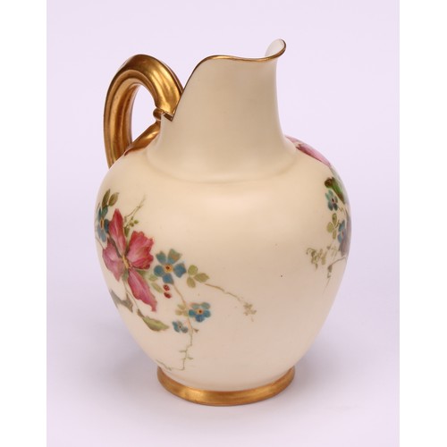 65 - A Royal Worcester flat back jug, decorated with vibrant flowers picked out in gilt on ivory ground, ... 