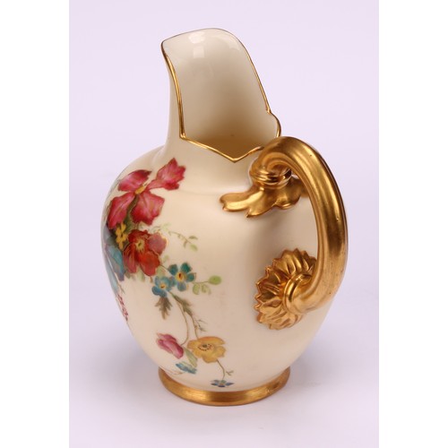 65 - A Royal Worcester flat back jug, decorated with vibrant flowers picked out in gilt on ivory ground, ... 